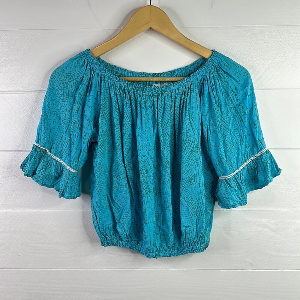 MILANA HAWAII Blue Green Stretchy‎ Boat Neck Crop Top Shirt One Size